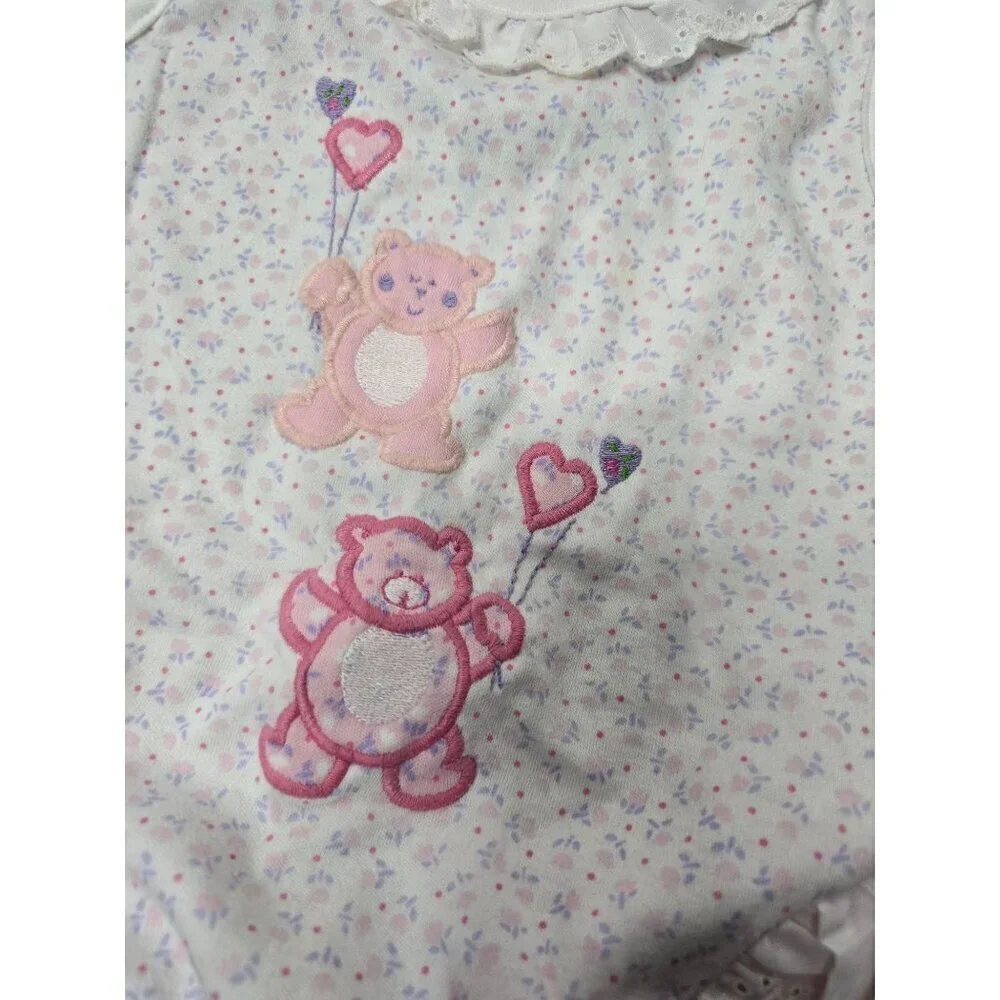 Vintage Baby Girl Pink Ruffled Flower Teddy bear One Piece 12 months
